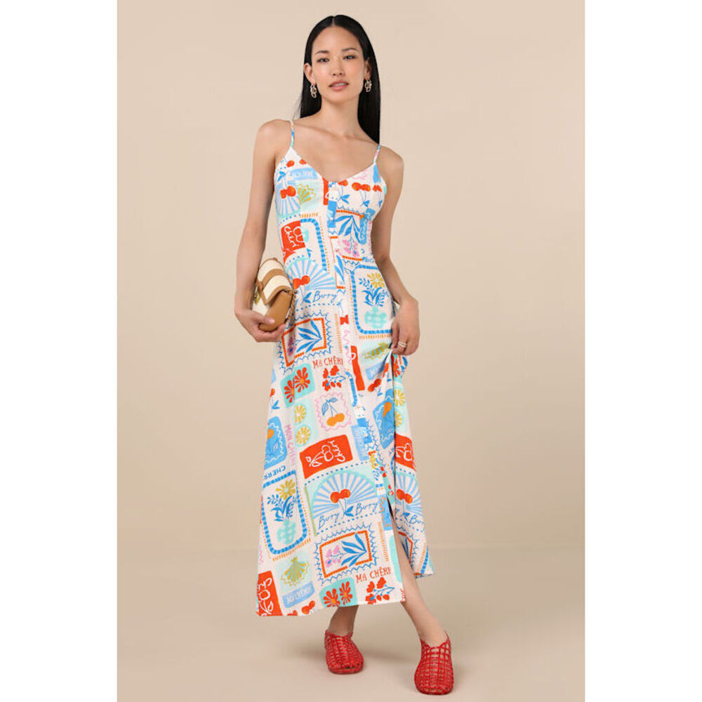 Lulus Sanya Ivory Multi Print Button-front Sleeveless Midi Dress White - Size S